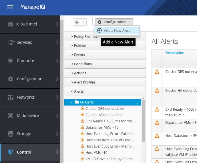 Create new ManageIQ alert