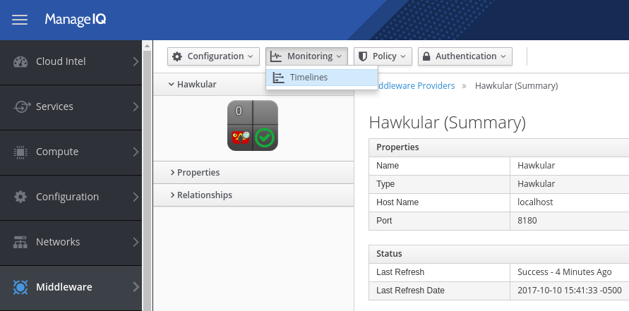 ManageIQ Hawkular provider timeline menu button