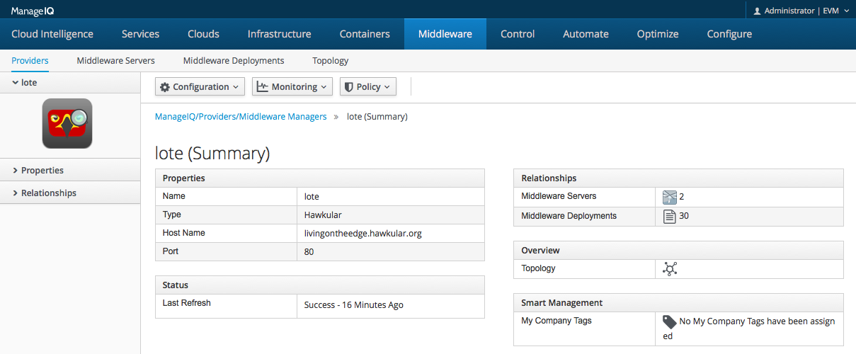 Middelware tab in ManageIQ