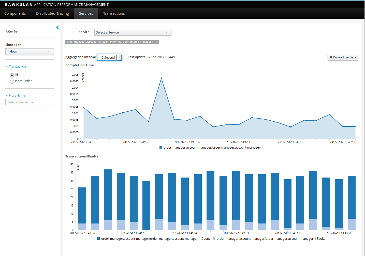 Hawkular APM Services Tab with One Service