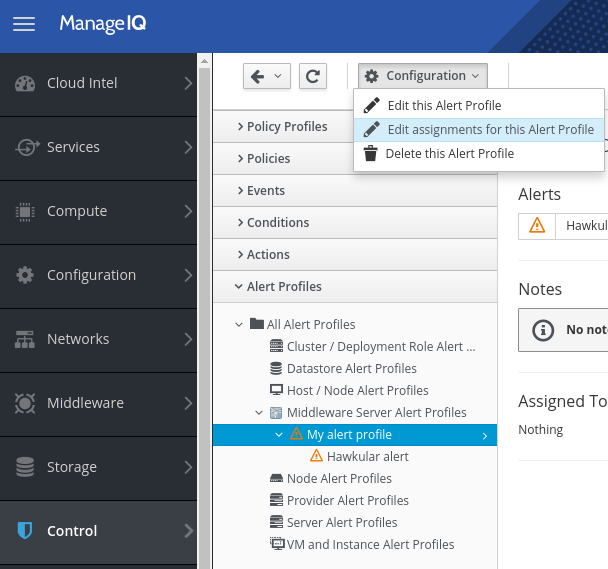 ManageIQ edit assignments option for alert profiles
